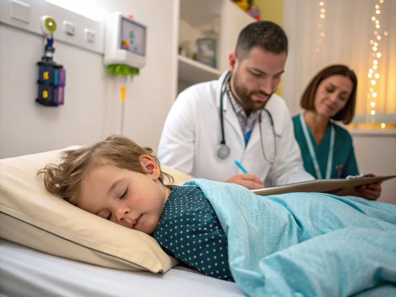 A child sleeping peacefully in a dental chair, covered with a soft blanket, while a pediatric dentist monitors them. The environment is calm and reassuring, with soft lighting.