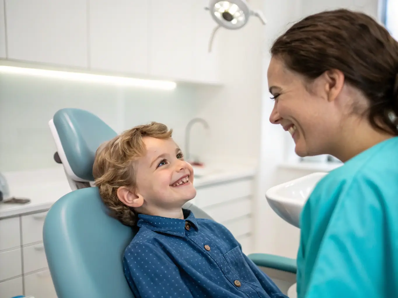 A close-up shot of a pediatric dentist gently examining a child's teeth, with the dentist smiling reassuringly and the child looking relaxed. The background is a brightly lit, child-friendly dental office.